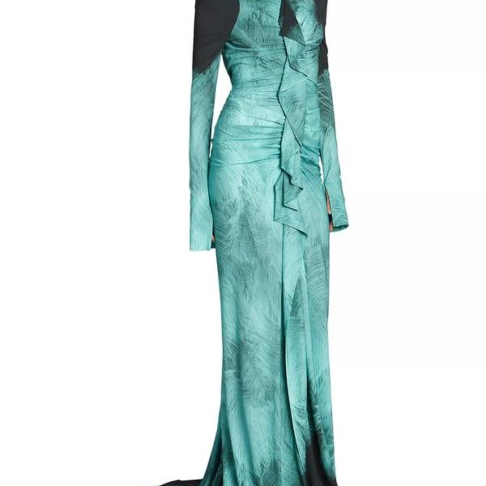 VICTORIA BECKHAM-Printed Fluid Jersey A/o Feather Dress Sz-Uk12